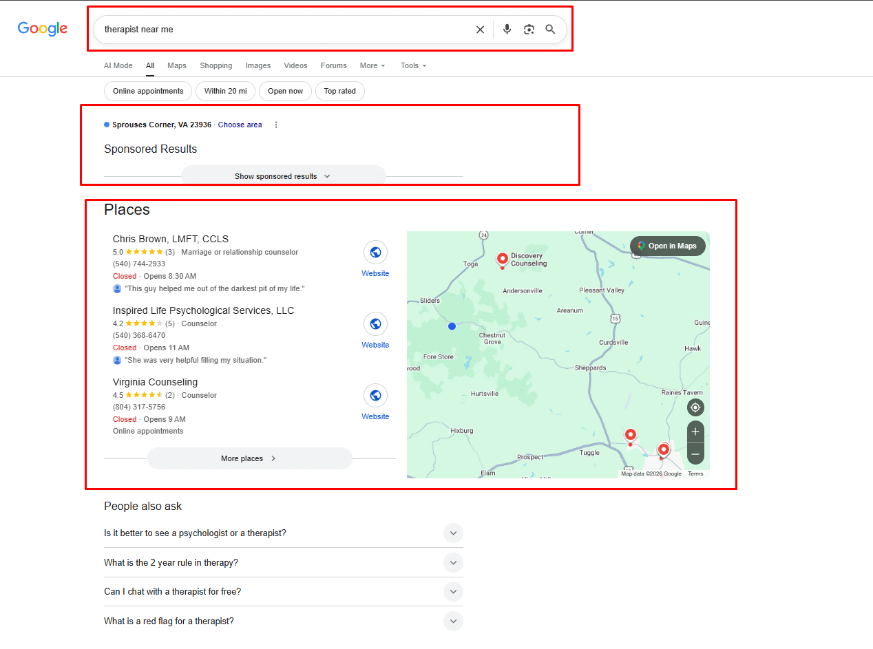 Google search for "therapist near me," showing the local map pack with no AI Overview above it