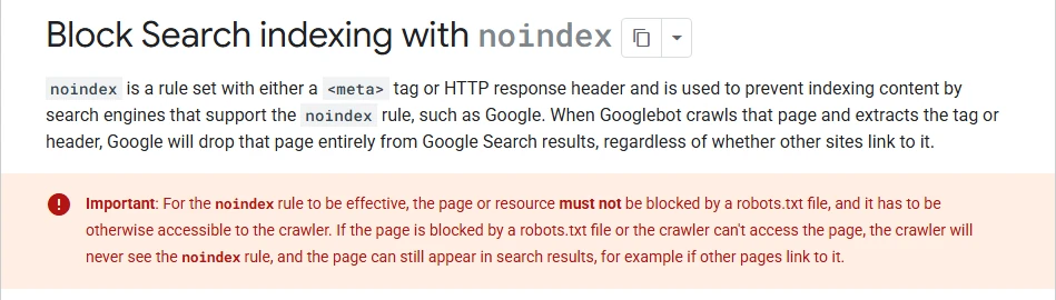 Google Search Central noindex documentation, with a warning that a page blocked by robots.txt will never have its noindex rule seen and can still appear in search
