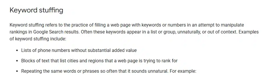 Google Search Central spam policies, keyword stuffing section, listing blocks of text that name cities and regions as an example