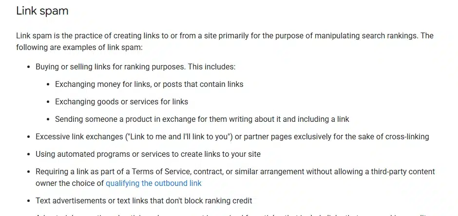 Google Search Central spam policies, link spam section, listing buying or selling links, excessive link exchanges and automated link creation