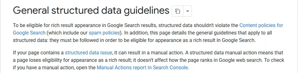 Google Search Central structured data guidelines, stating that a structured data manual action removes rich result eligibility and does not affect web ranking
